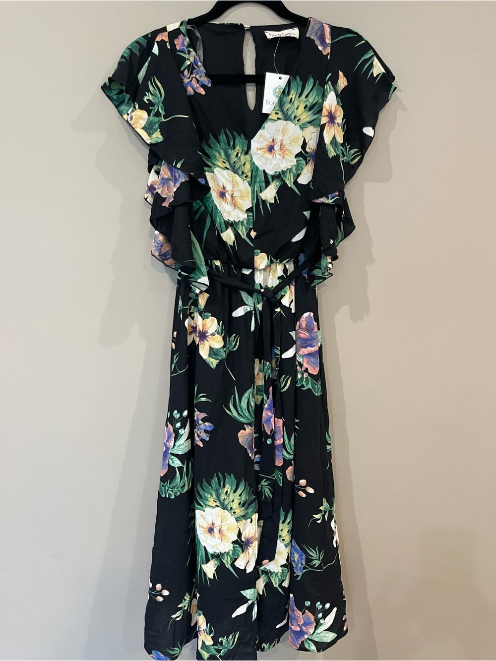 Peach Love California Black Tropical Floral Ruffle Midi Dress